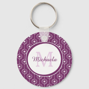 Stylish Purple and White Hearts Monogram and Name Keychain