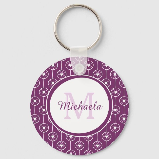 Stylish Purple and White Hearts Monogram and Name Keychain (Front)