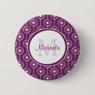 Stylish Purple and White Hearts Monogram With Name 2 Inch Round Button