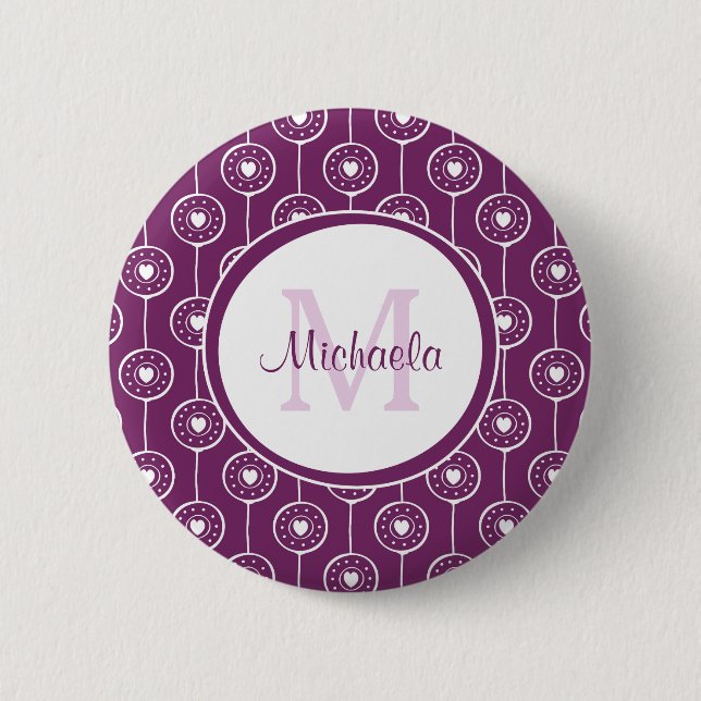 Stylish Purple and White Hearts Monogram With Name 2 Inch Round Button (Front)