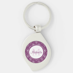 Stylish Purple and White Hearts Monogram With Name Keychain