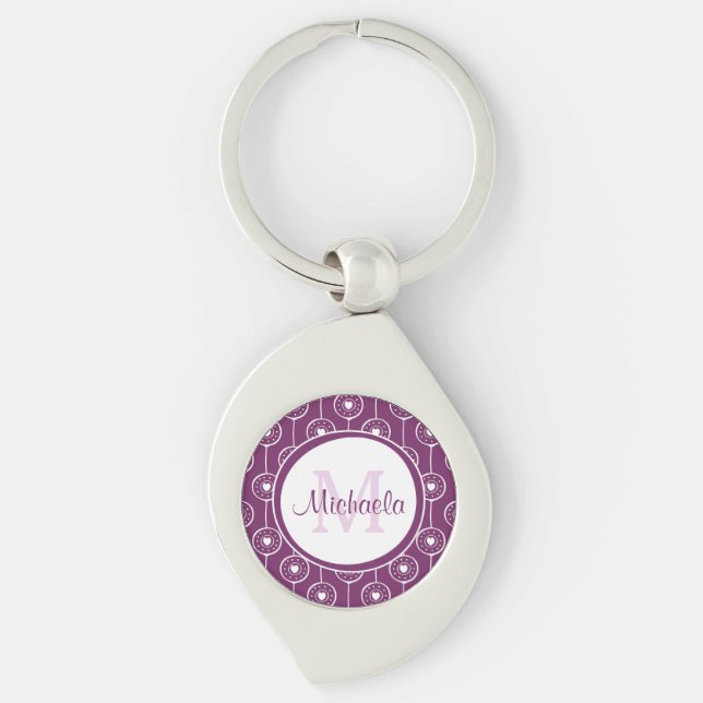 Stylish Purple and White Hearts Monogram With Name Keychain (Front)