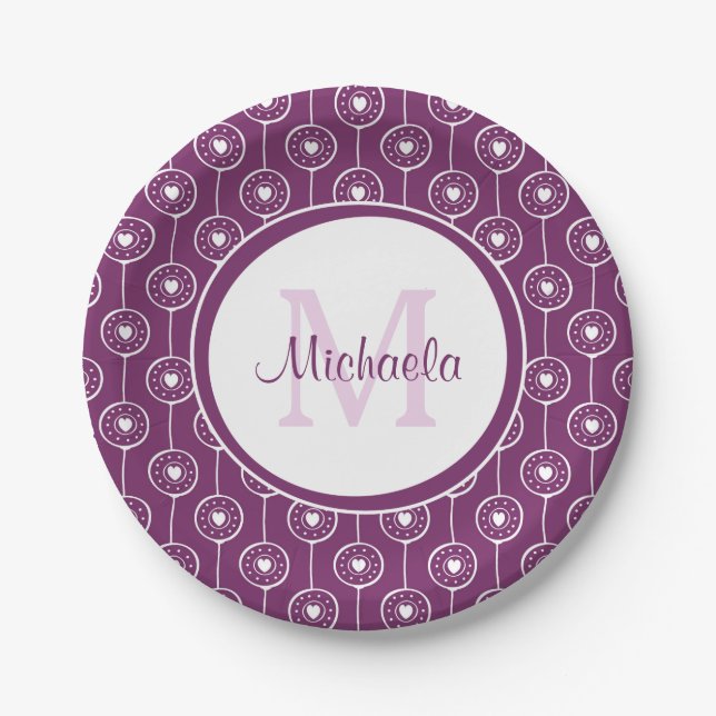 Stylish Purple and White Hearts Monogram With Name Paper Plate (Front)