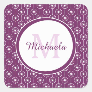 Stylish Purple and White Hearts Monogram With Name Square Sticker