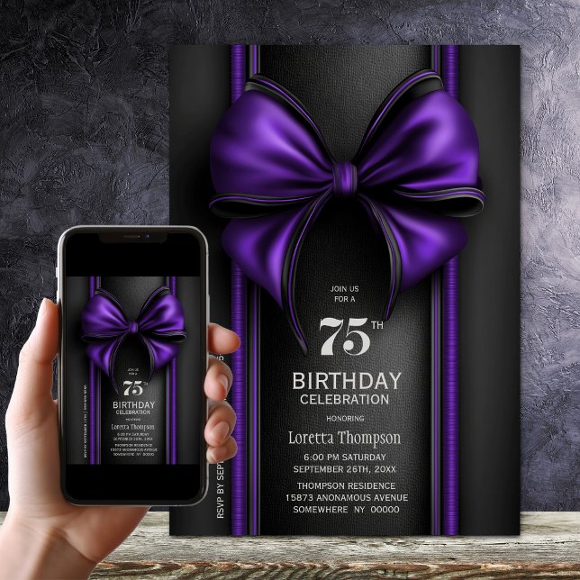 Stylish Purple Bow 75th Birthday Party Invitation (Creator Uploaded)