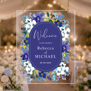 Stylish purple dusty blue floral wedding welcome  acrylic sign
