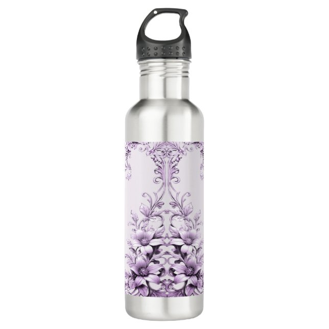 Stylish Purple Flowers Water Bottle (Front)