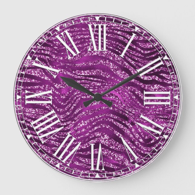 Stylish Purple Glitter Wild Tiger Stripes Pattern Large Clock (Front)