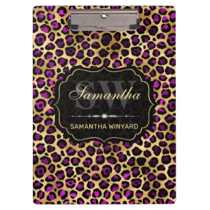 Stylish Purple & Gold Foil Leopard Spots Monogram Clipboard