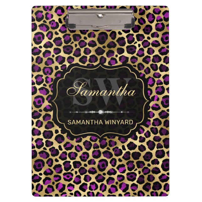 Stylish Purple & Gold Foil Leopard Spots Monogram Clipboard (Front)