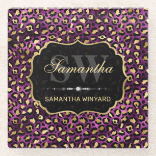 Stylish Purple & Gold Foil Leopard Spots Monogram Glass Coaster
