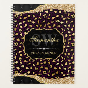 Stylish Purple & Gold Foil Leopard Spots Monogram Planner