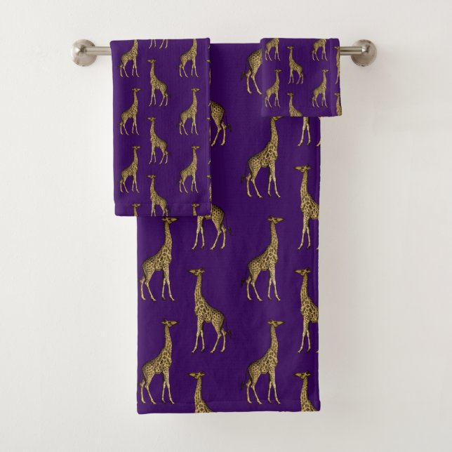 Stylish Purple Gold Giraffe Bath Towel Set (Insitu)
