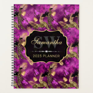 Stylish Purple & Gold Leopard & Woman Monogram Planner