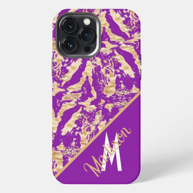Stylish Purple & Golden Marble Pattern monogrammed iPhone Case (Back)