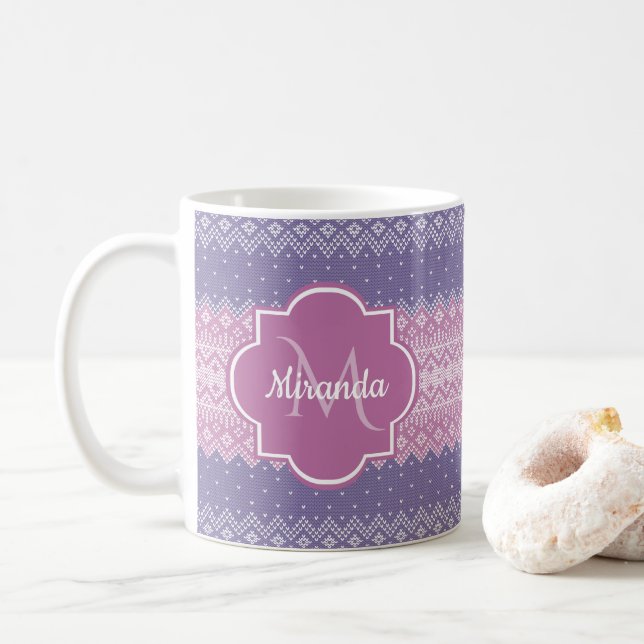 Stylish Purple Knit Pattern With Monogram and Name Coffee Mug (With Donut)