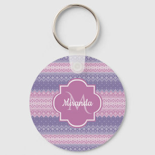 Stylish Purple Knit Pattern With Monogram and Name Keychain
