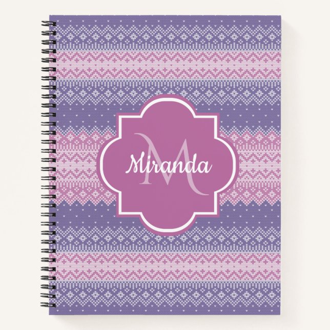 Stylish Purple Knit Pattern With Monogram and Name Notebook (Front)