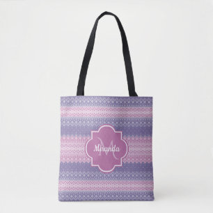 Stylish Purple Knit Pattern With Monogram and Name Tote Bag