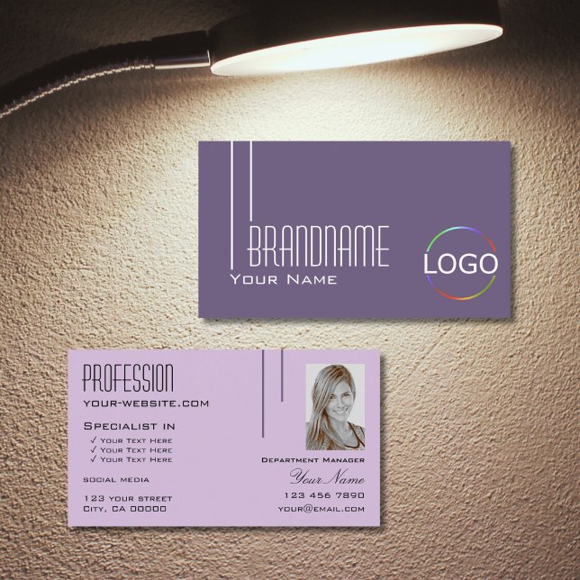 Stylish Purple Lilac with Logo and Photo Modern Business Card (Creator Uploaded)