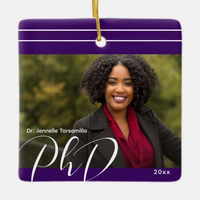 Stylish Purple Photo PhD Graduation Ceramic Ornament (Front)