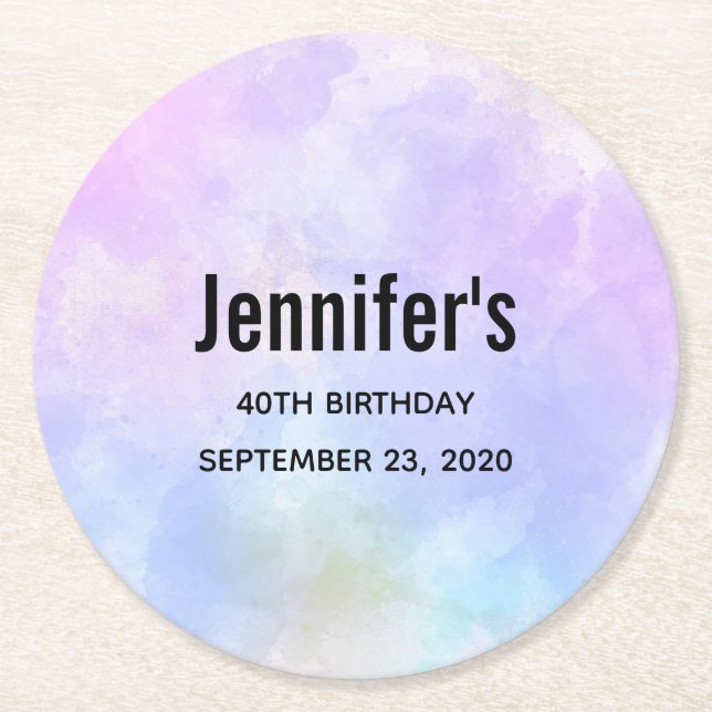 Stylish Purple Pink Blue Abstract Watercolor Round Paper Coaster (Front)