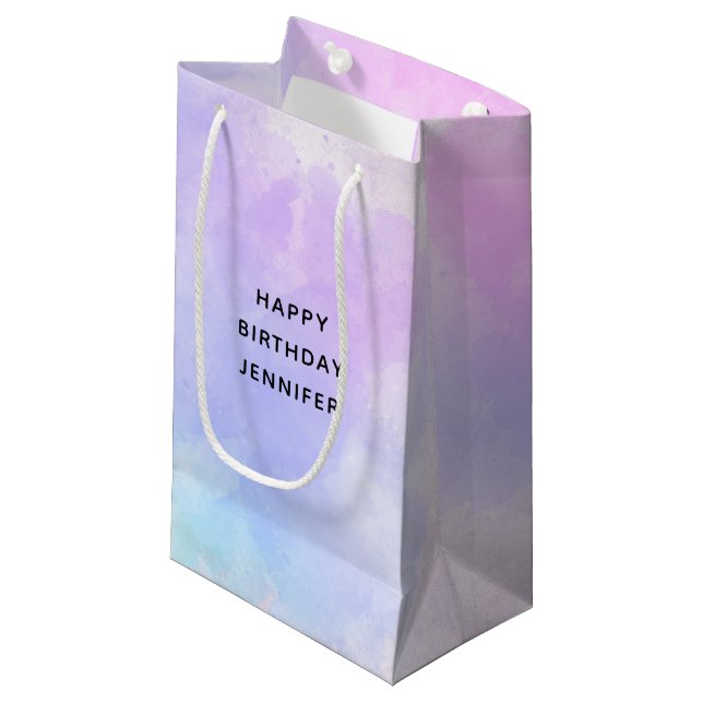 Stylish Purple Pink Blue Watercolor Birthday Small Gift Bag (Front Angled)