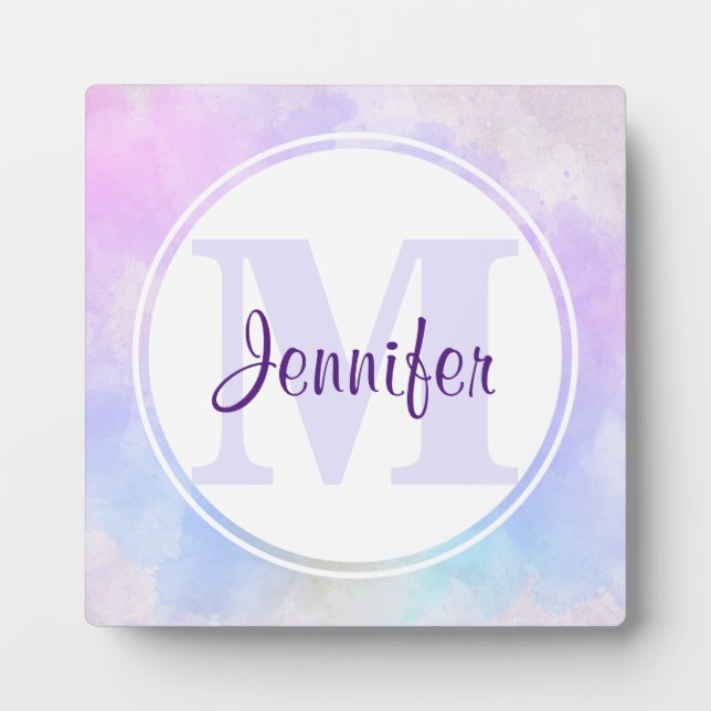 Stylish Purple Pink Blue Watercolor Monogram Plaque (Front)
