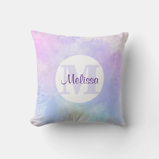 Stylish Purple Pink Blue Watercolor Monogram Throw Pillow (Front)