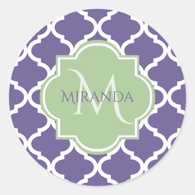 Stylish Purple Quatrefoil and Name Green Monogram Classic Round Sticker (Front)