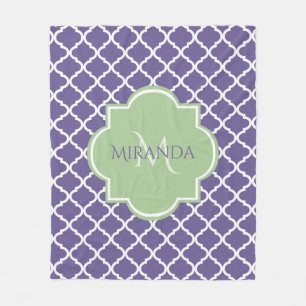 Stylish Purple Quatrefoil and Name Green Monogram Fleece Blanket