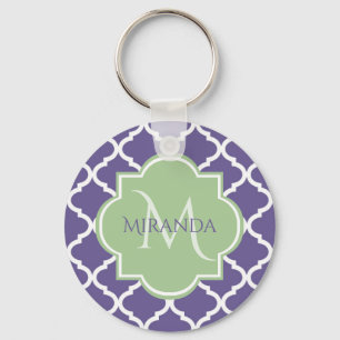 Stylish Purple Quatrefoil and Name Green Monogram Keychain