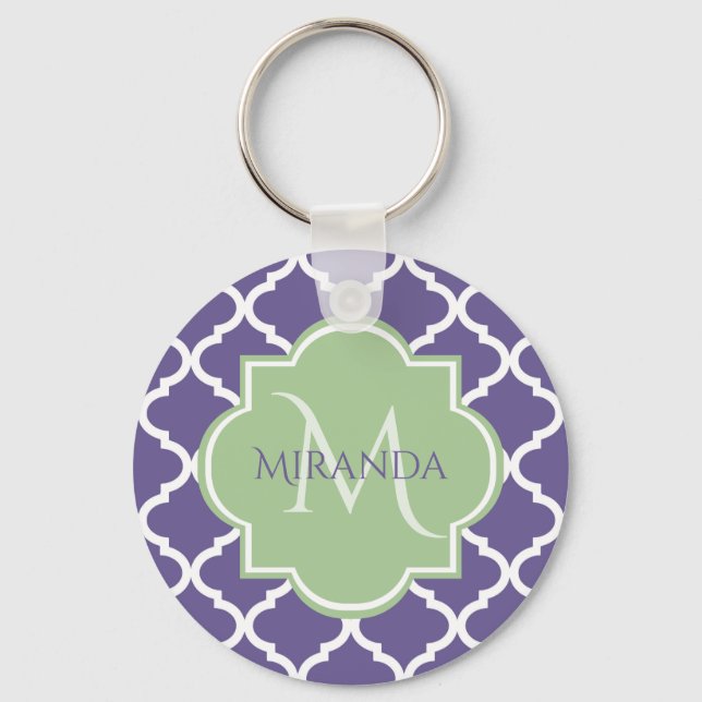 Stylish Purple Quatrefoil and Name Green Monogram Keychain (Front)