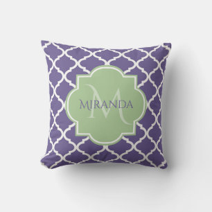Stylish Purple Quatrefoil and Name Green Monogram Throw Pillow