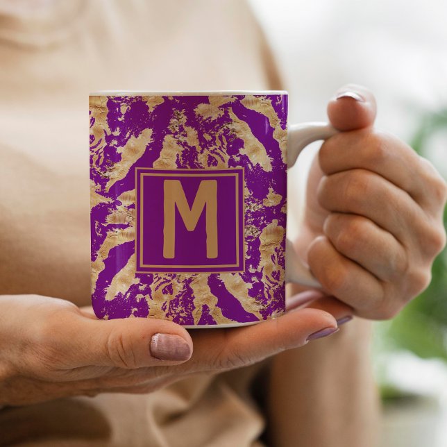Stylish purple Rustic Gold marble Custom Monogram Coffee Mug (Creator Uploaded)
