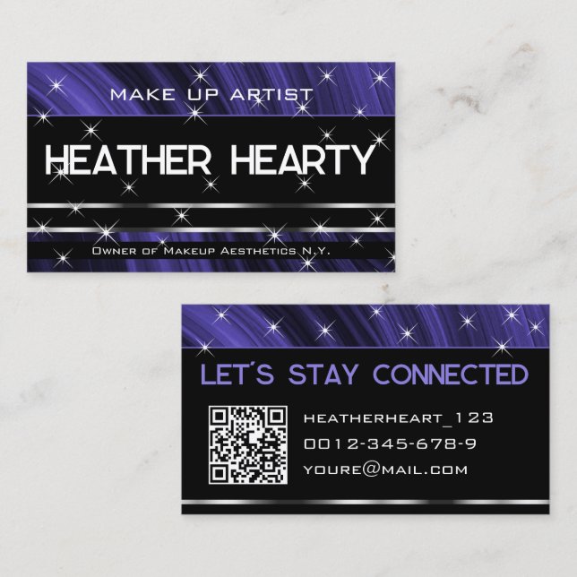 Stylish Purple Silver Glitter Stars with QR Code Business Card (Front/Back)