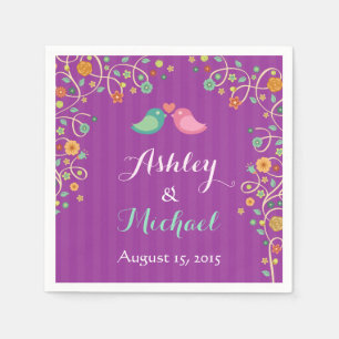 Stylish Purple Swirl Floral Love Birds Wedding Napkin