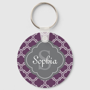 Stylish Purple Trellis Gray Monogram Keychain