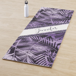 Stylish purple tropical leaves glitter with name yoga mat