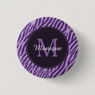Stylish Purple Zebra Print With Monogram and Name 1 Inch Round Button
