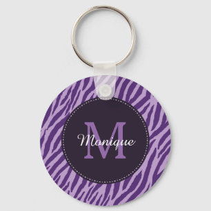 Stylish Purple Zebra Print With Monogram and Name Keychain