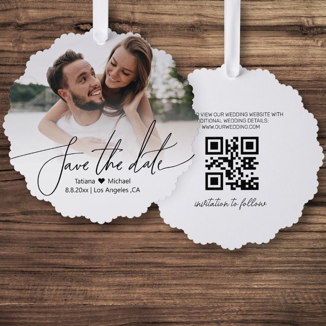 stylish qr code couple photo save the date simple ornament card (Creator Uploaded)