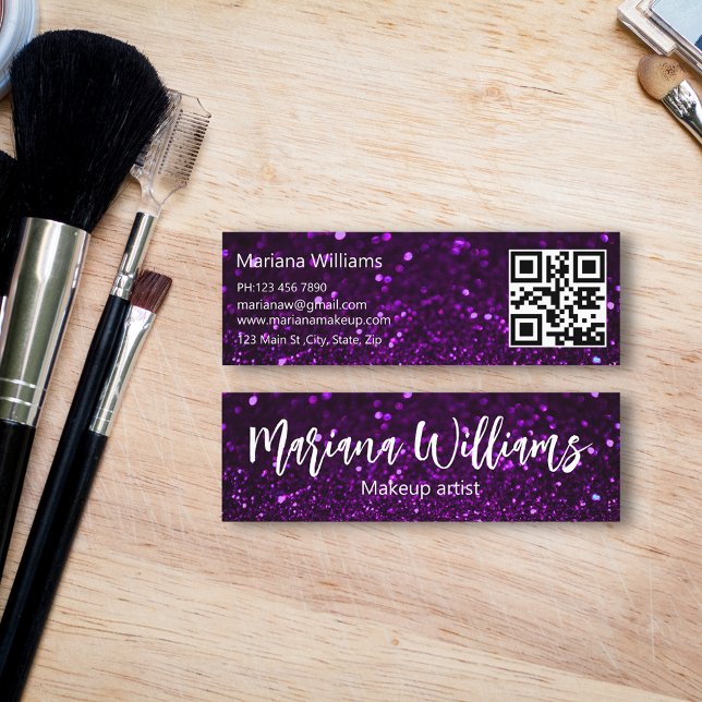  stylish qr code makeup artist purple glitters  mini business card (Creator Uploaded)