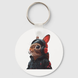 Stylish Rabbit In Black Hoodie And Headphones Digi Keychain
