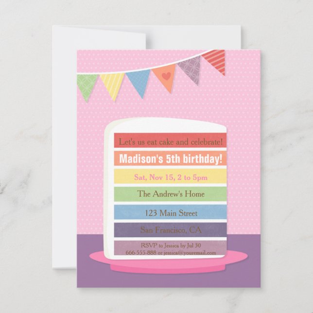 Stylish Rainbow Cake Birthday Party Invitations (Front)