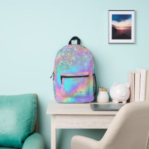 Stylish Rainbow Holographic Glitter Girly Monogram Printed Backpack