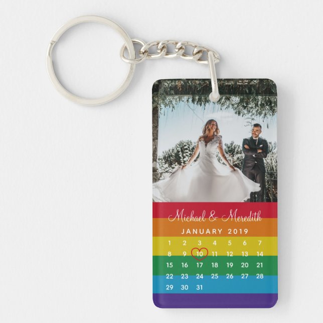 Stylish Rainbow Photo Wedding Date Calendar  Keychain (Front)
