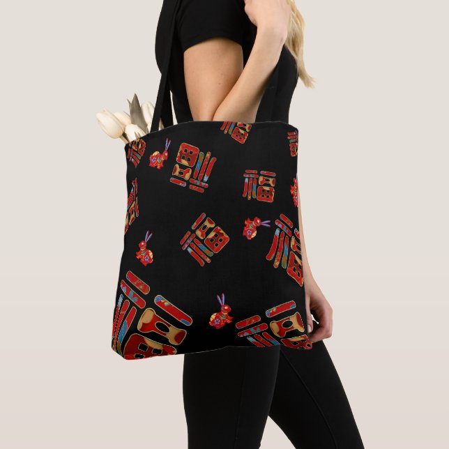 Stylish Rainbow Rabbit 福 Blessings Lunar Year Gift Tote Bag (Close Up)