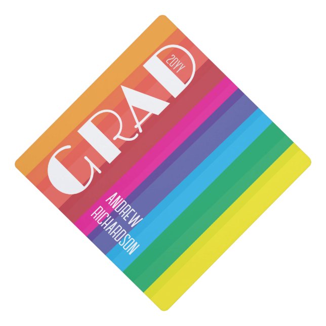 Stylish rainbow stripe class year graduation cap topper (Front)