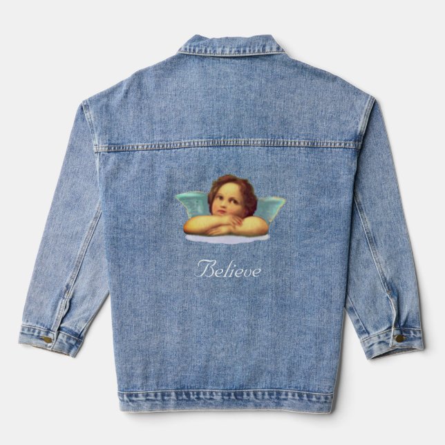Stylish Raphael Cherub & Calligraphy Denim Jacket (Back)